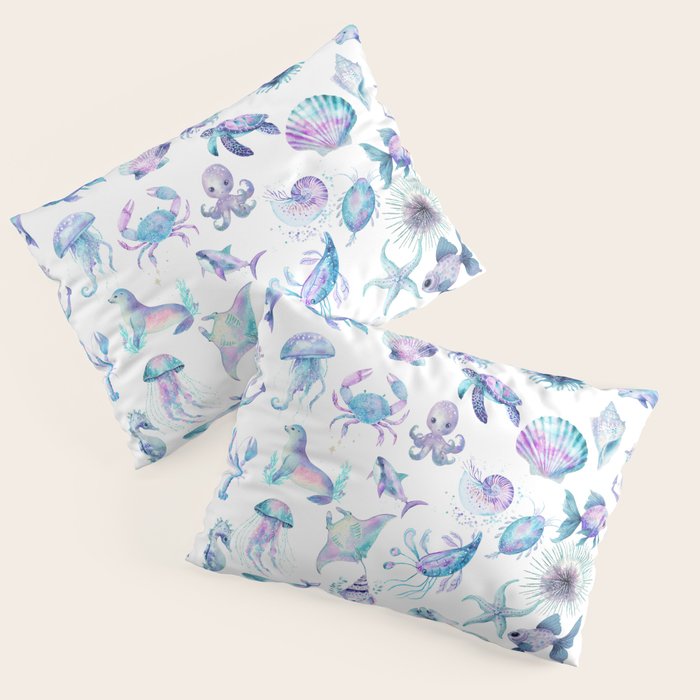 Colorful Water Colors Of Various Sea Animals Pattern Pillow Sham Gallery Image 1
