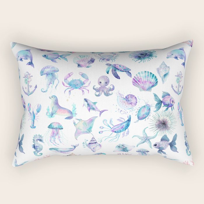 Colorful Water Colors Of Various Sea Animals Pattern Rectangular Pillow Gallery Image 2