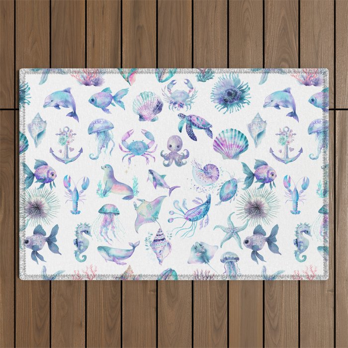 Colorful Water Colors Of Various Sea Animals Pattern Outdoor Rug Gallery Image 1
