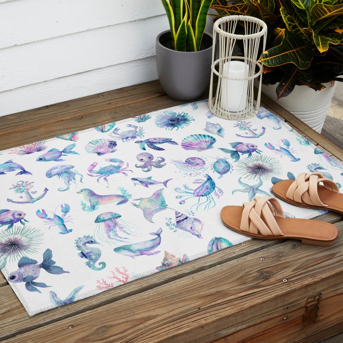 Colorful Water Colors Of Various Sea Animals Pattern Outdoor Rug Gallery Image 2