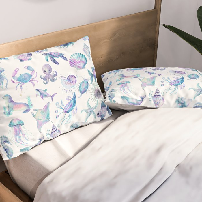 Colorful Water Colors Of Various Sea Animals Pattern Pillow Sham Gallery Image 2