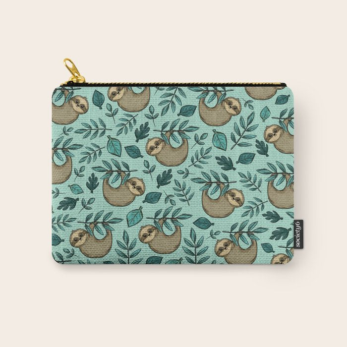 Cute Little Sloth, Sweet Sloth, Teal Print Carry All Pouch Gallery Image 1
