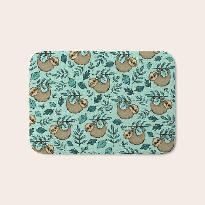 Cute Little Sloth, Sweet Sloth, Teal Print Bath Mat Gallery Image 1