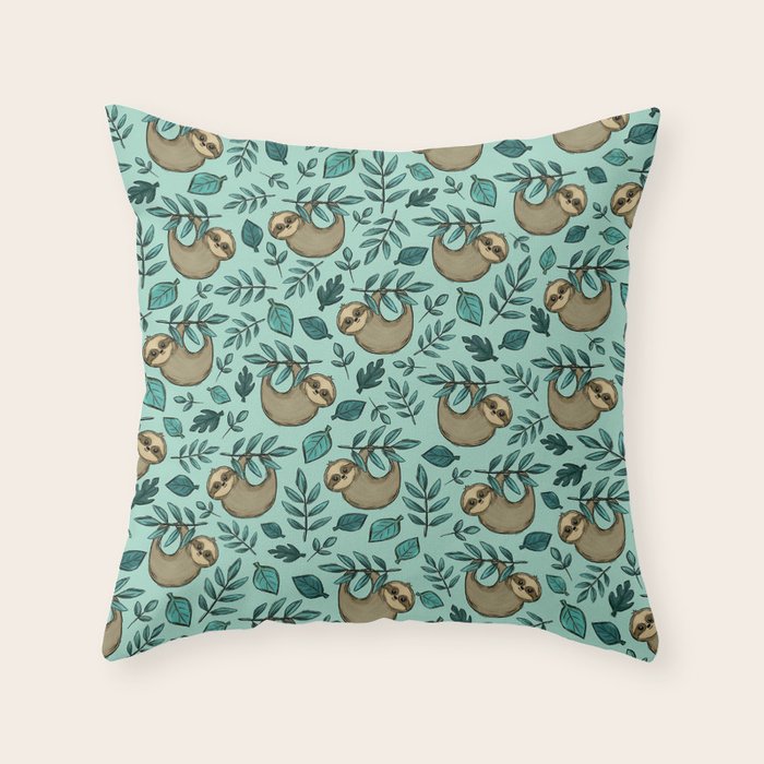 Cute Little Sloth, Sweet Sloth, Teal Print Throw Pillow Gallery Image 6