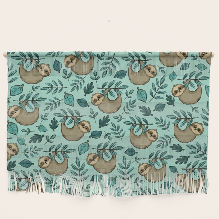 Cute Little Sloth, Sweet Sloth, Teal Print Wall Hanging Gallery Image 1