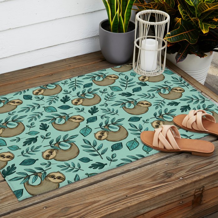 Cute Little Sloth, Sweet Sloth, Teal Print Outdoor Rug Gallery Image 2