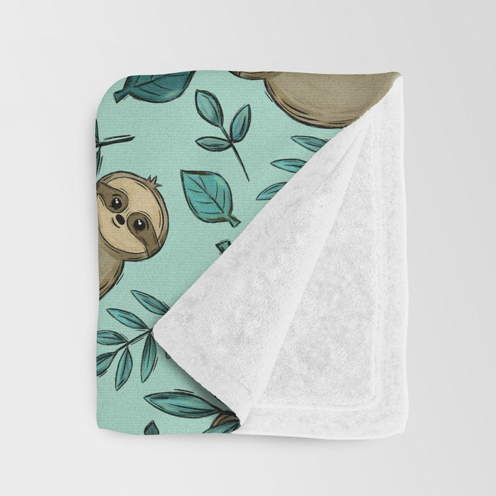 Cute Little Sloth, Sweet Sloth, Teal Print Throw Blanket Gallery Image 3