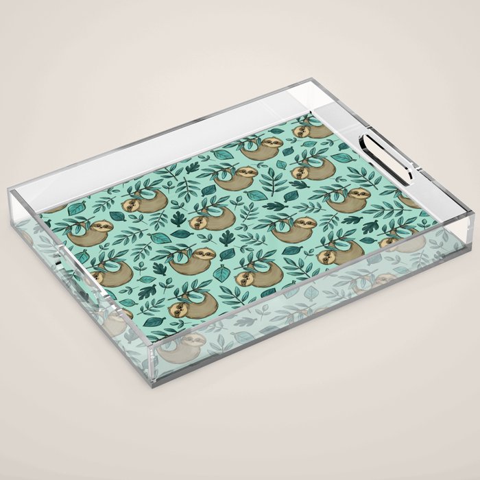 Cute Little Sloth, Sweet Sloth, Teal Print Acrylic Tray Gallery Image 1