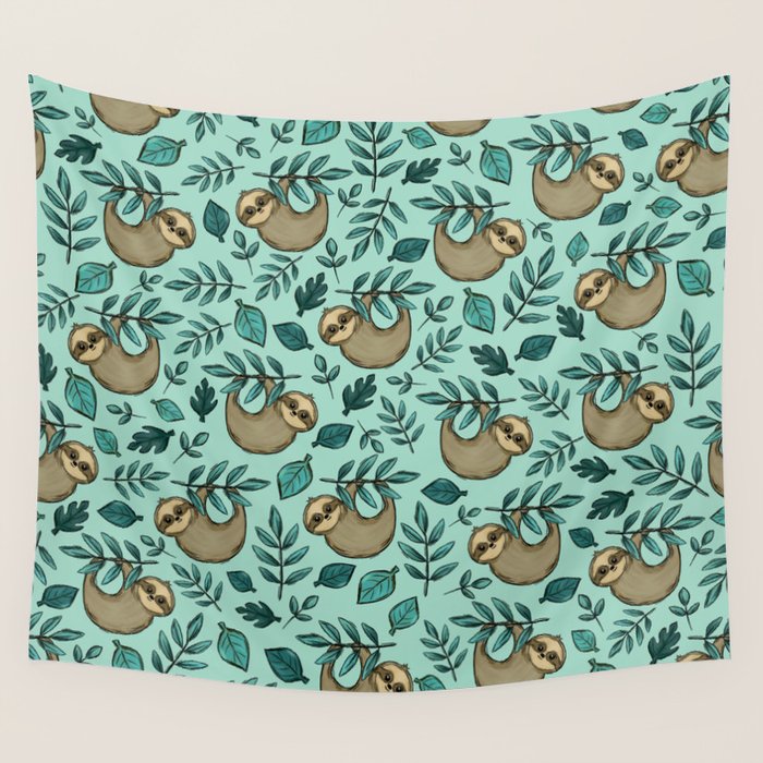 Cute Little Sloth, Sweet Sloth, Teal Print Wall Tapestry Gallery Image 4