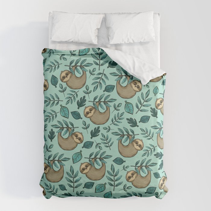 Cute Little Sloth, Sweet Sloth, Teal Print Duvet Cover