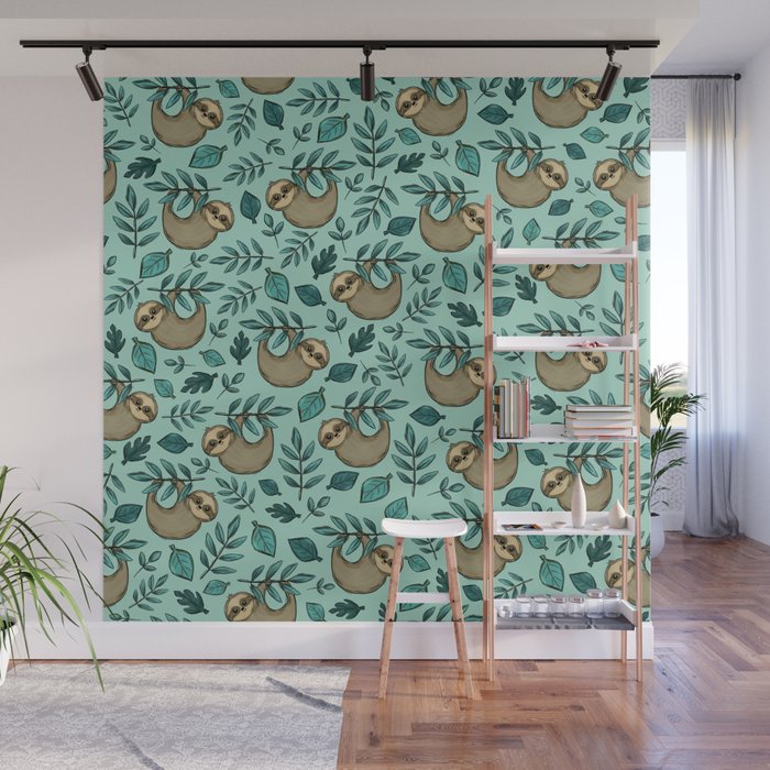 Cute Little Sloth, Sweet Sloth, Teal Print Wall Mural Gallery Image 1