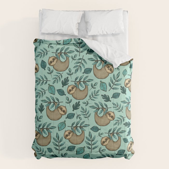Cute Little Sloth, Sweet Sloth, Teal Print Comforter Gallery Image 6