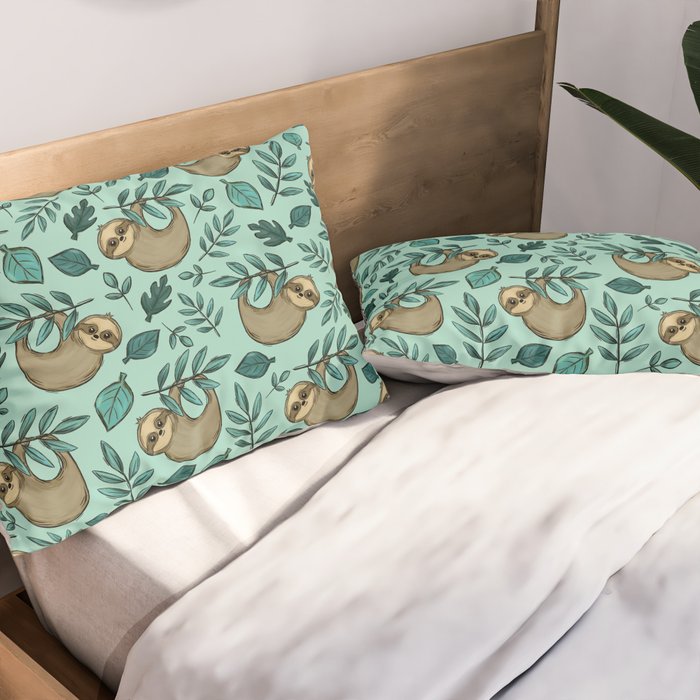 Cute Little Sloth, Sweet Sloth, Teal Print Pillow Sham Gallery Image 2