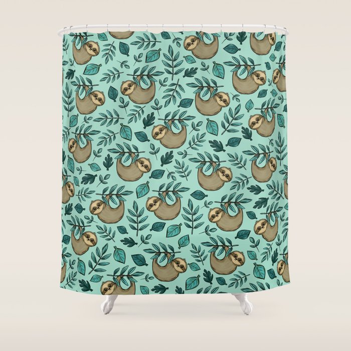 Cute Little Sloth, Sweet Sloth, Teal Print Shower Curtain Gallery Image 1