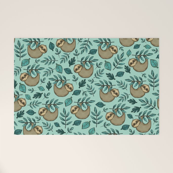 Cute Little Sloth, Sweet Sloth, Teal Print Welcome Mat Gallery Image 1