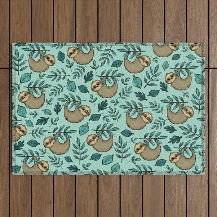Cute Little Sloth, Sweet Sloth, Teal Print Outdoor Rug Gallery Image 1