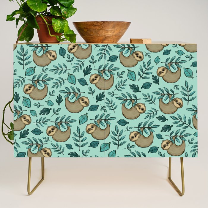 Cute Little Sloth, Sweet Sloth, Teal Print Credenza Gallery Image 1