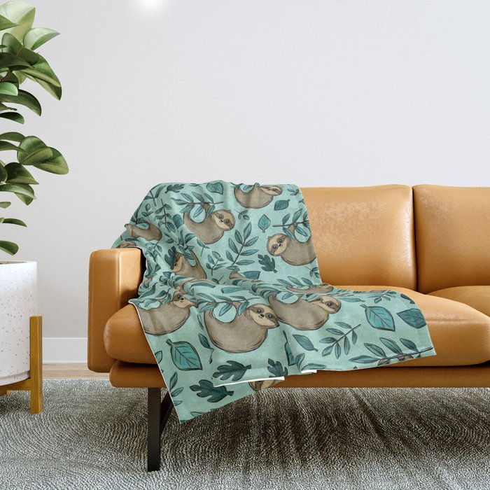 Cute Little Sloth, Sweet Sloth, Teal Print Throw Blanket Gallery Image 1