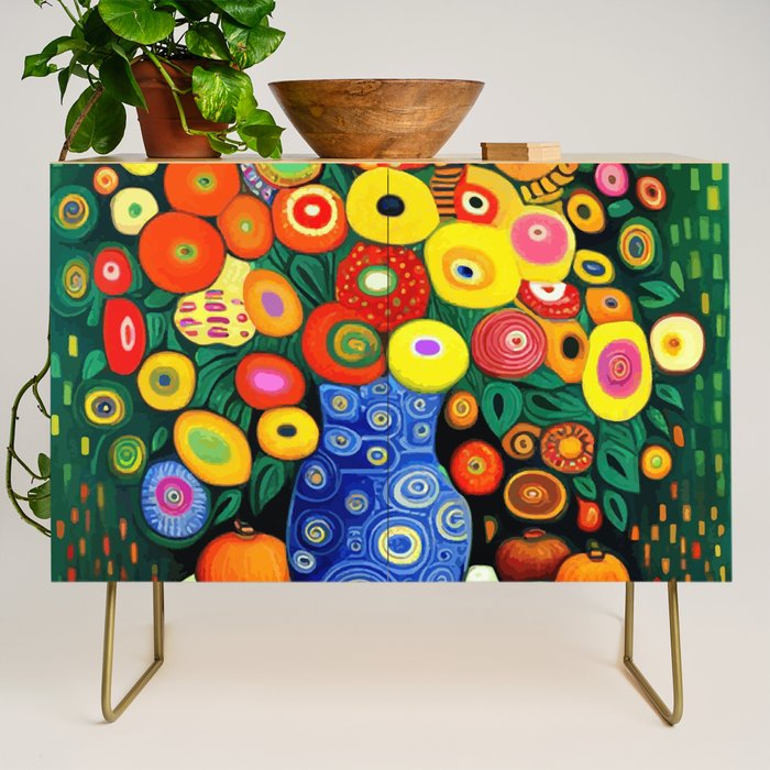 Vibrant Abstract Flowers in a Beautiful Blue Vase Credenza Gallery Image 1