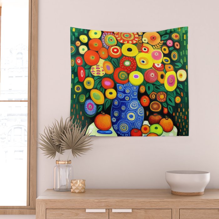 Vibrant Abstract Flowers in a Beautiful Blue Vase Wall Tapestry Gallery Image 2