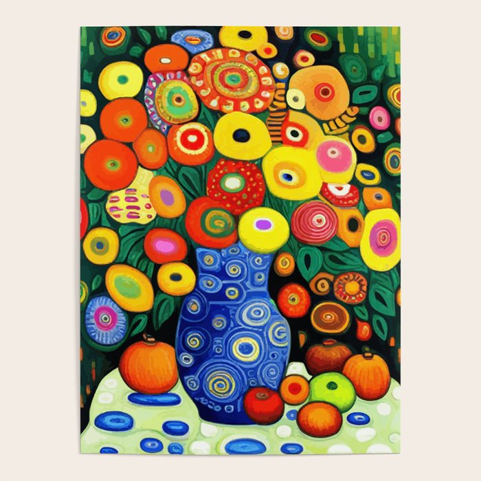 Vibrant Abstract Flowers in a Beautiful Blue Vase Poster Gallery Image 4