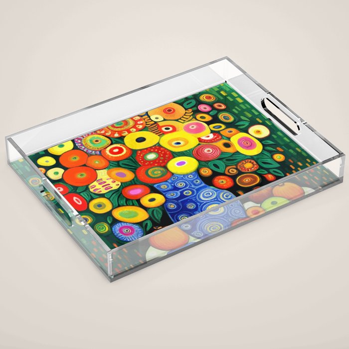 Vibrant Abstract Flowers in a Beautiful Blue Vase Acrylic Tray Gallery Image 1
