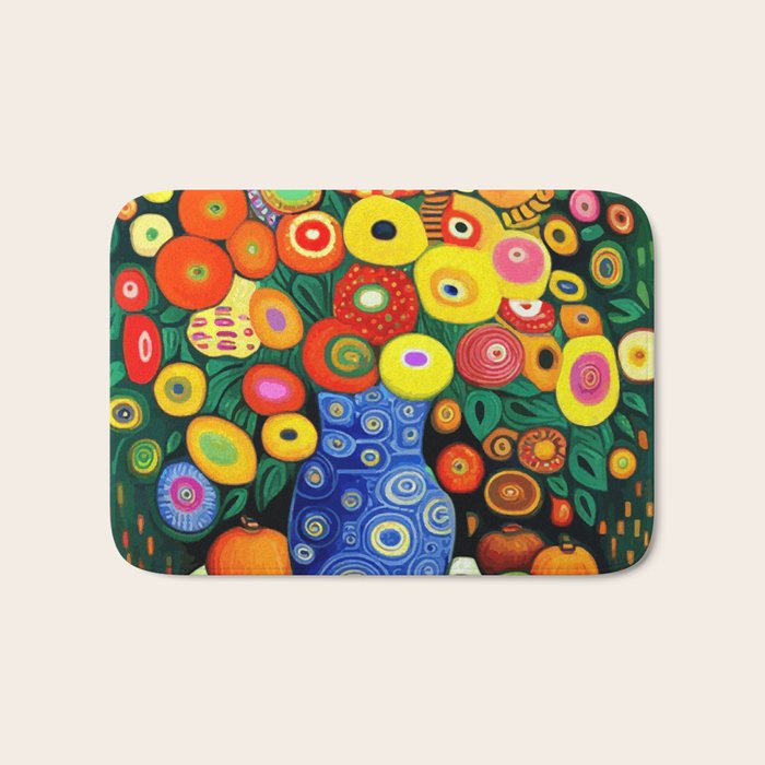 Vibrant Abstract Flowers in a Beautiful Blue Vase Bath Mat Gallery Image 1