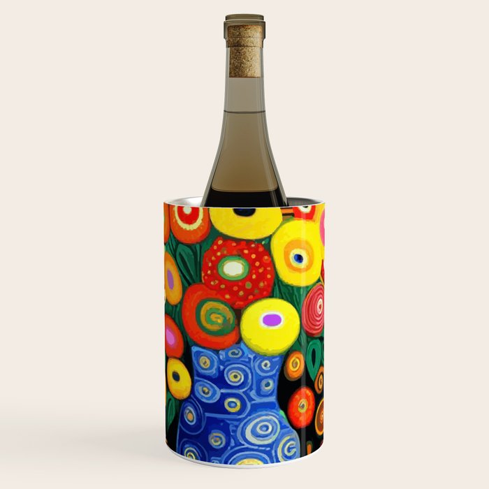 Vibrant Abstract Flowers in a Beautiful Blue Vase Wine Chiller Gallery Image 1