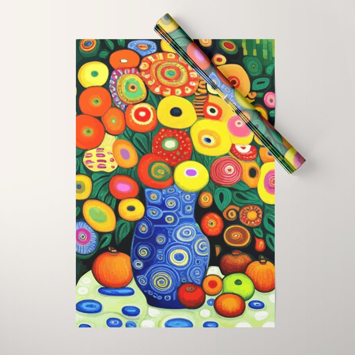 Vibrant Abstract Flowers in a Beautiful Blue Vase Wrapping Paper Gallery Image 1