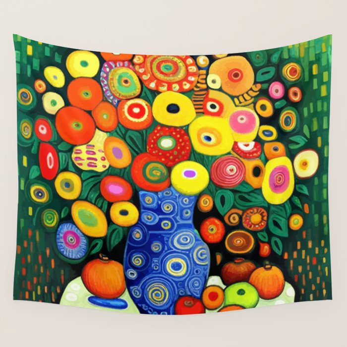Vibrant Abstract Flowers in a Beautiful Blue Vase Wall Tapestry Gallery Image 1