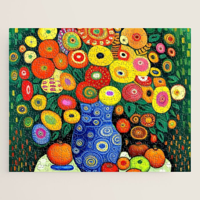 Vibrant Abstract Flowers in a Beautiful Blue Vase Jigsaw Puzzle Gallery Image 1
