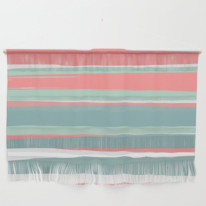 Festive, Abstract, Colorful Stripes, Coral and Teal Green Wall Hanging Gallery Image 1