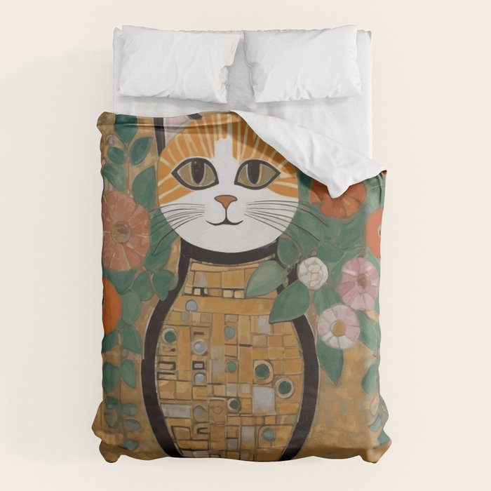 Klimt Cat with Colorful Flowers in a Geometric Vase Duvet Cover Gallery Image 6