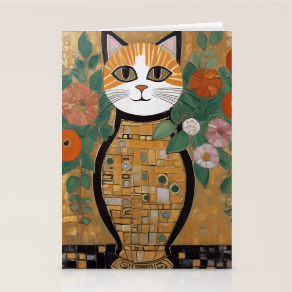 Klimt Cat with Colorful Flowers in a Geometric Vase Stationery Card Gallery Image 1