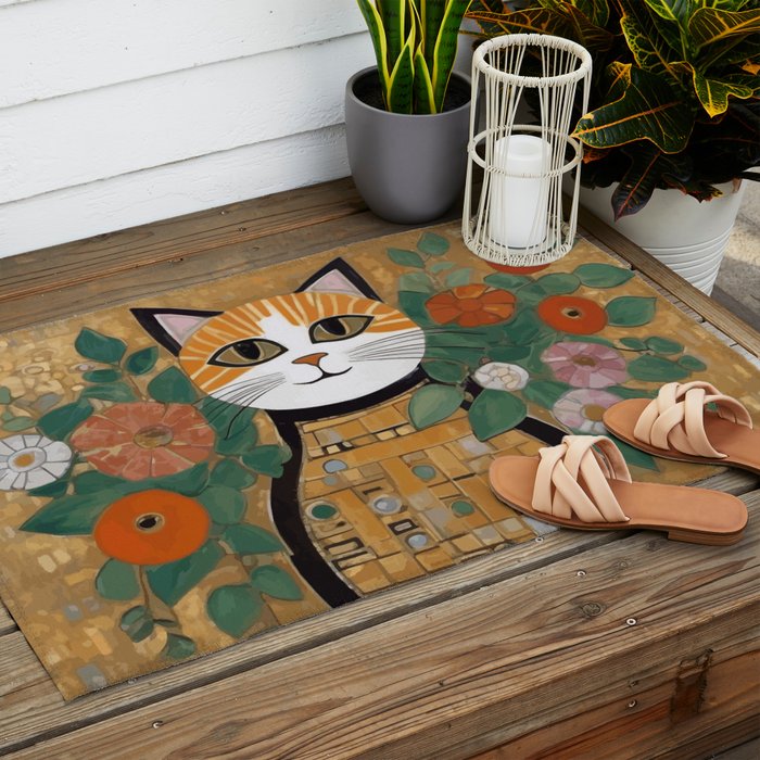 Klimt Cat with Colorful Flowers in a Geometric Vase Outdoor Rug Gallery Image 2