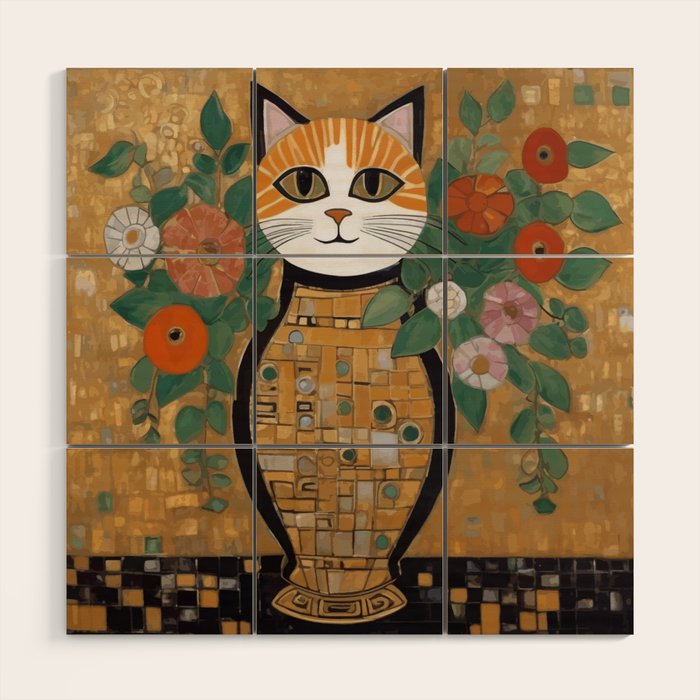 Klimt Cat with Colorful Flowers in a Geometric Vase Wood Wall Art Gallery Image 1