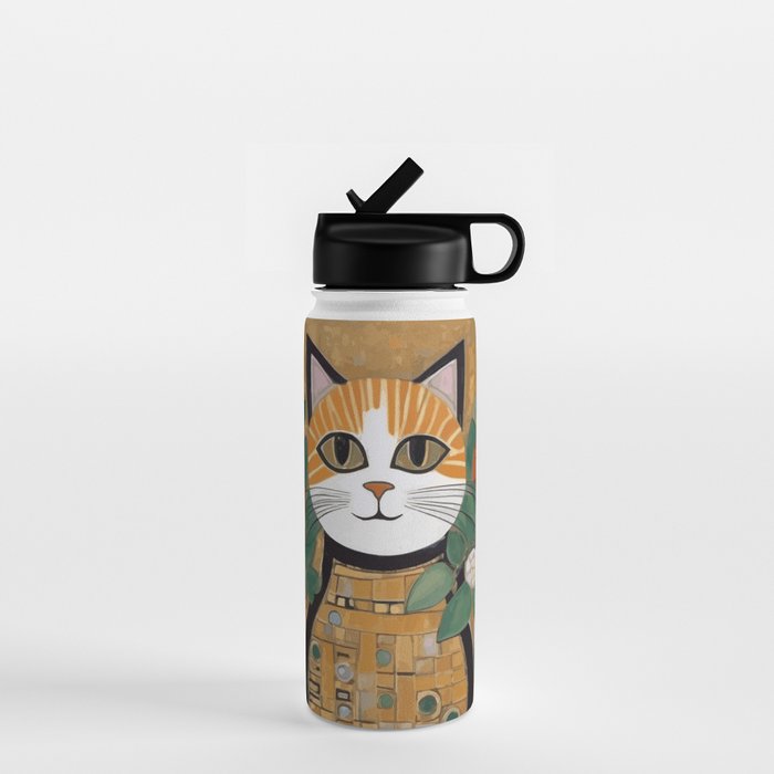 Klimt Cat with Colorful Flowers in a Geometric Vase Water Bottle Gallery Image 1