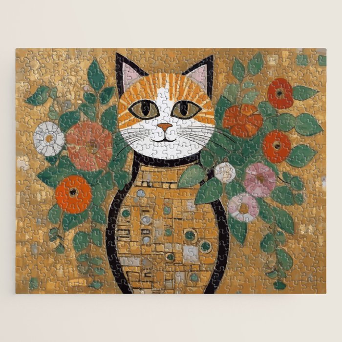 Klimt Cat with Colorful Flowers in a Geometric Vase Jigsaw Puzzle Gallery Image 1