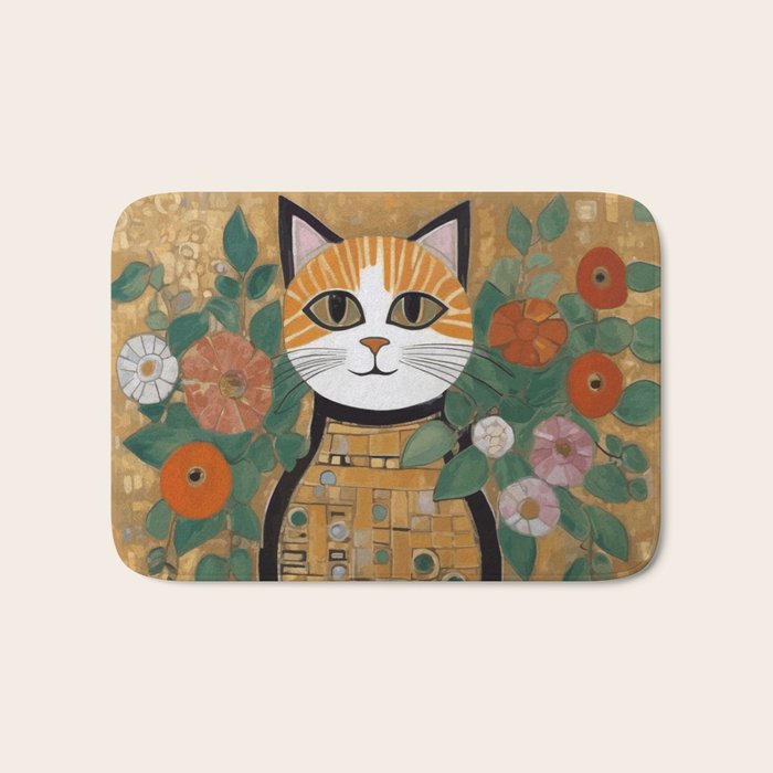 Klimt Cat with Colorful Flowers in a Geometric Vase Bath Mat Gallery Image 1