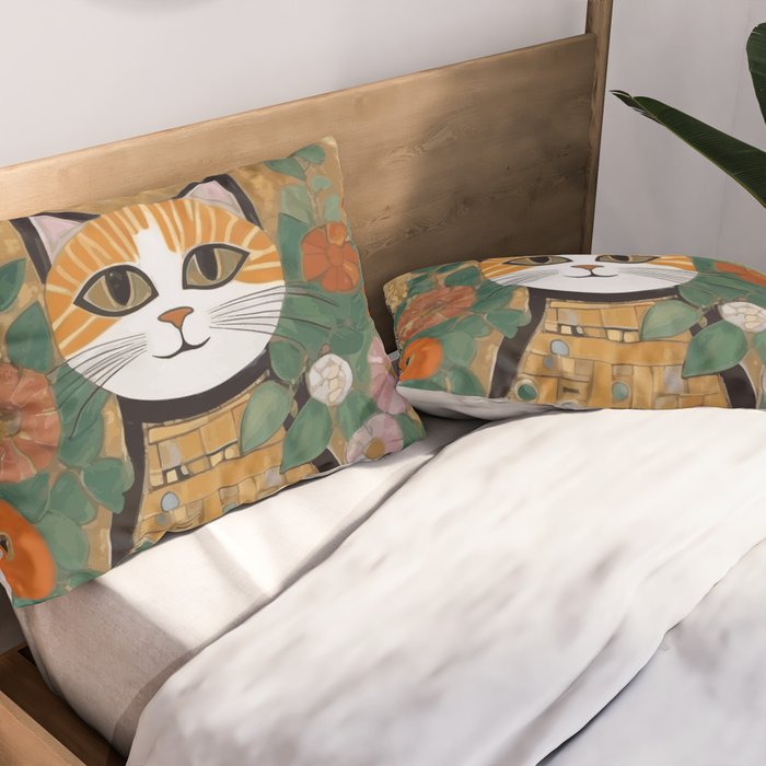 Klimt Cat with Colorful Flowers in a Geometric Vase Pillow Sham Gallery Image 2