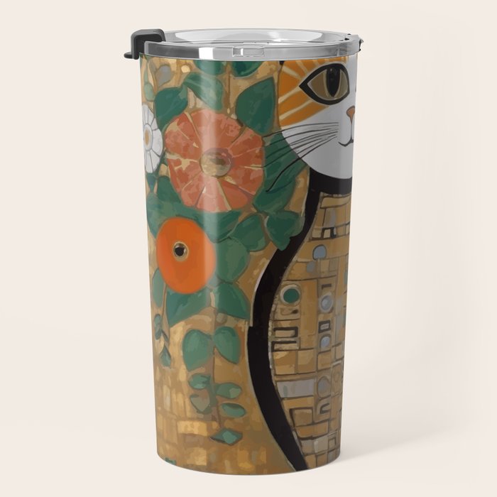 Klimt Cat with Colorful Flowers in a Geometric Vase Travel Mug Gallery Image 3