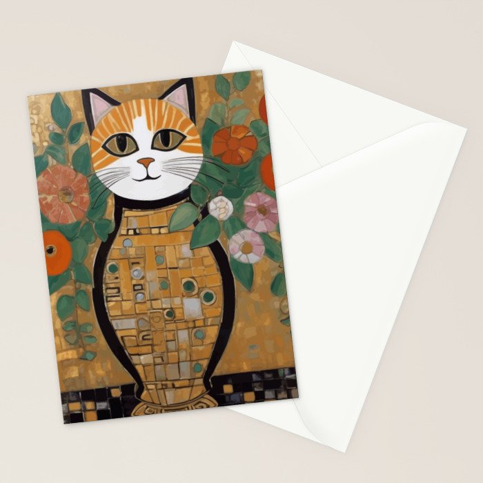 Klimt Cat with Colorful Flowers in a Geometric Vase Stationery Card Gallery Image 2