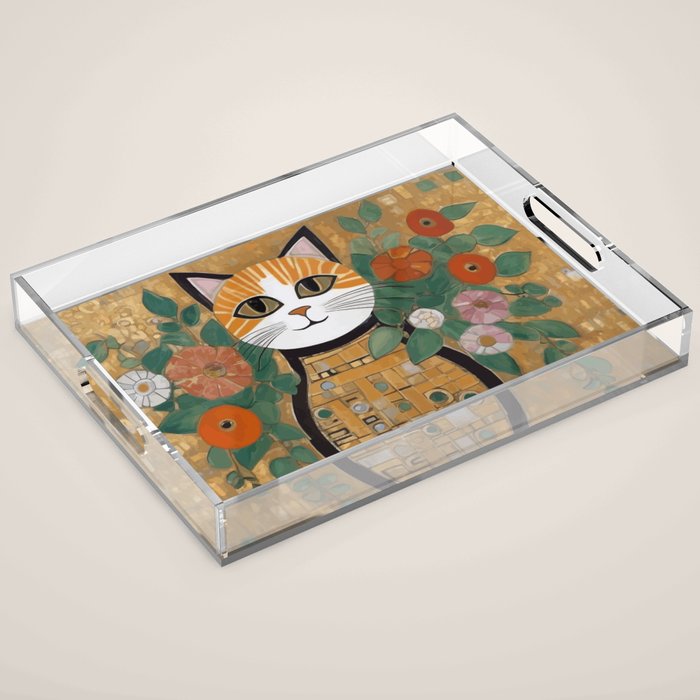 Klimt Cat with Colorful Flowers in a Geometric Vase Acrylic Tray Gallery Image 1