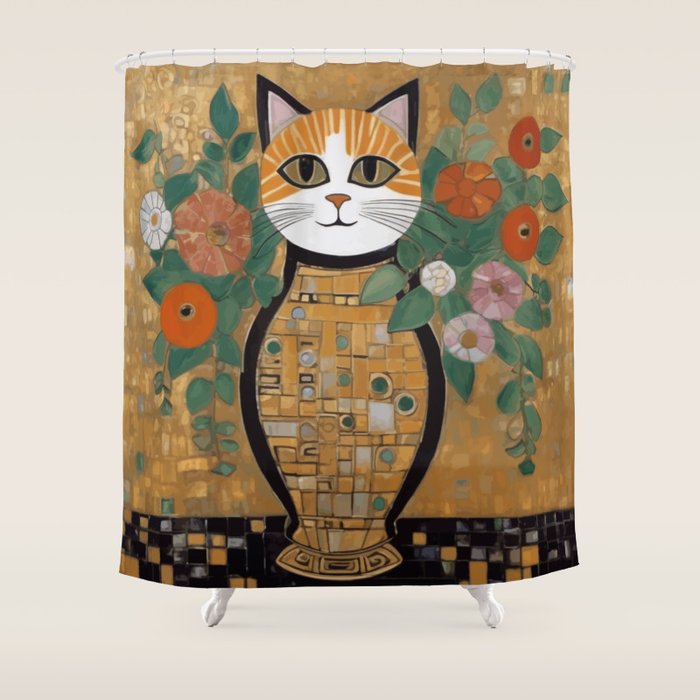 Klimt Cat with Colorful Flowers in a Geometric Vase Shower Curtain Gallery Image 1