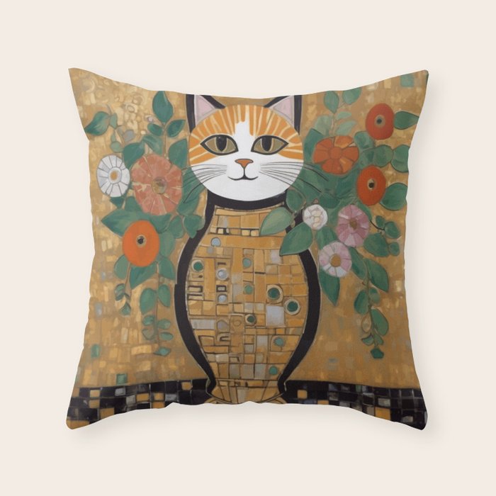 Klimt Cat with Colorful Flowers in a Geometric Vase Throw Pillow Gallery Image 1