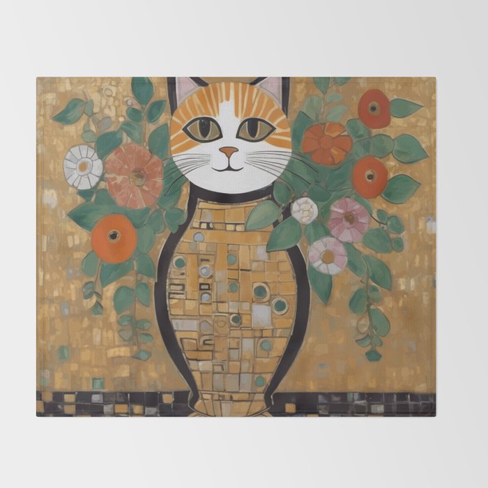 Klimt Cat with Colorful Flowers in a Geometric Vase Throw Blanket Gallery Image 2