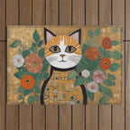 Klimt Cat with Colorful Flowers in a Geometric Vase Outdoor Rug Gallery Image 1