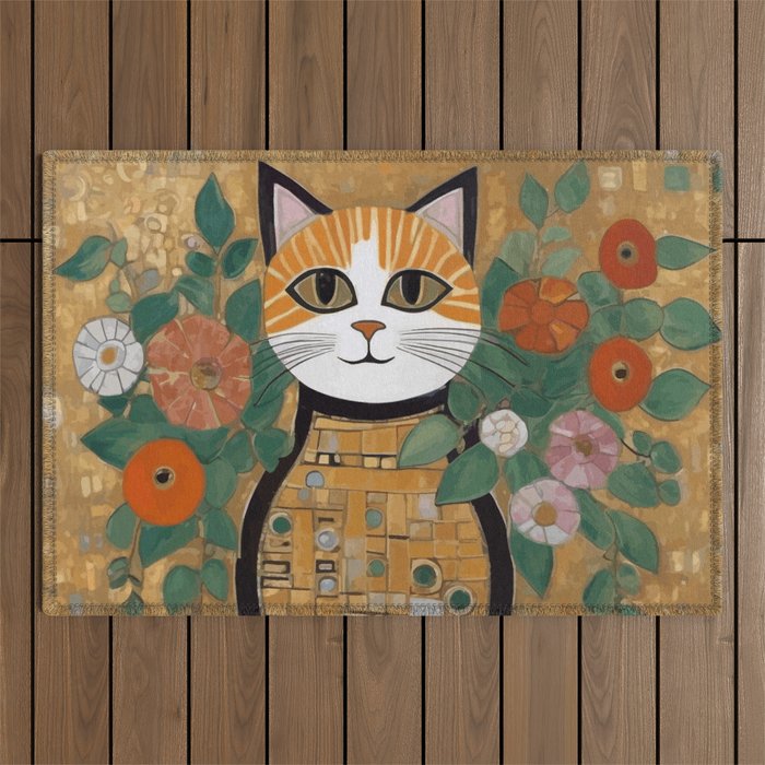 Klimt Cat with Colorful Flowers in a Geometric Vase Outdoor Rug Gallery Image 1