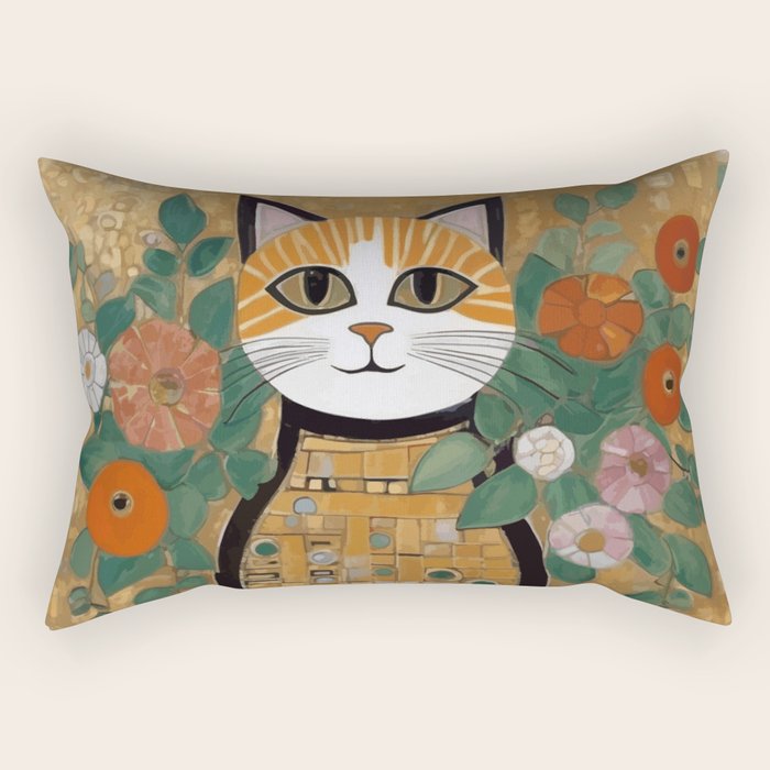 Klimt Cat with Colorful Flowers in a Geometric Vase Rectangular Pillow Gallery Image 1