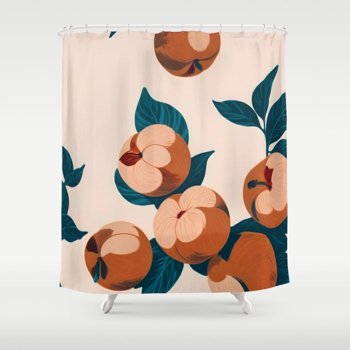 Half-Eaten Peaches, Vintage Botanical Illustration, Jungle Forest Fruits Nature, Eclectic Bohemian Plants Shower Curtain Gallery Image 1